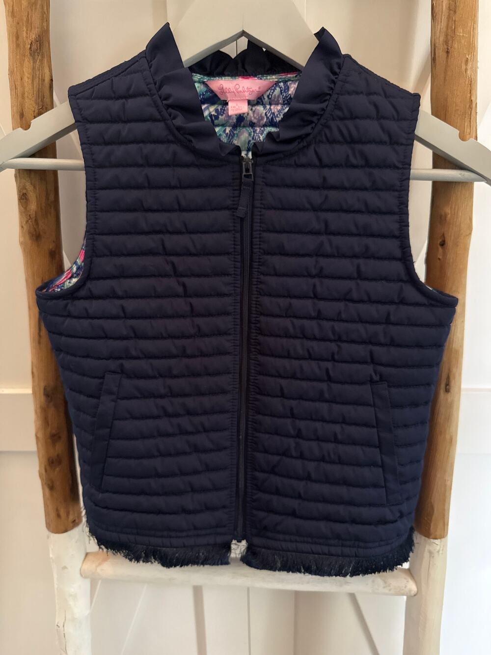 Lilly Pulitzer Kids Navy Blue Quilted Vest Girls Large 8-10 Ruffle Collar fringe